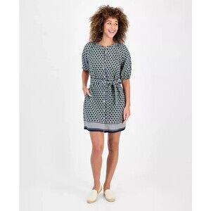 Nautica Jeans Women’s Foulard-Print Linen-Blend Midi Shirtdress, Gray, XL